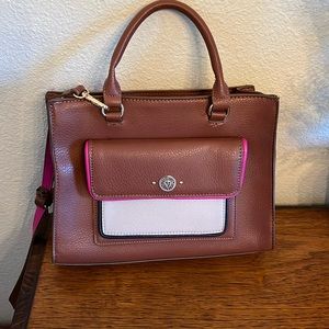 Anne Klein leather  brown and pink Arianna satchel handbag with crossbody tail.